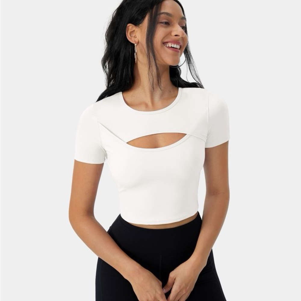 Halara White round neck cutout SS cropped top SZ XL NWOT